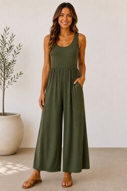 BTFBM Olive Green Jumpsuit Sleeveless Flowy M Minimalist Lounge Pocket NWT